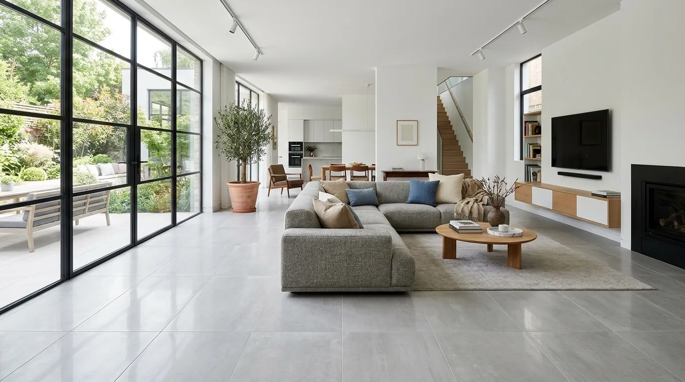 Solado de salón con gres porcelánico de gran formato en un piso de Santander