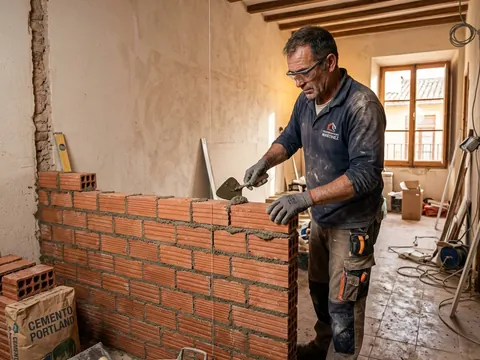 Albañil levantando un tabique de ladrillo dentro de una vivienda