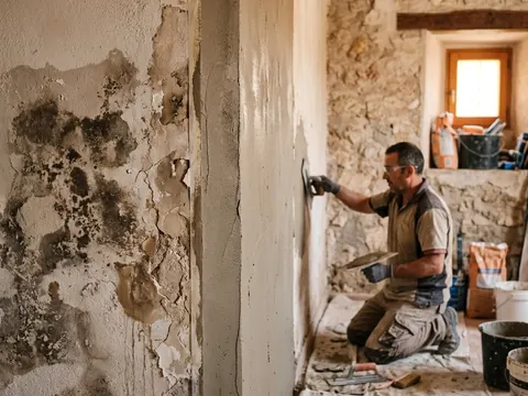 Albañil picando el enlucido deteriorado de una pared antigua