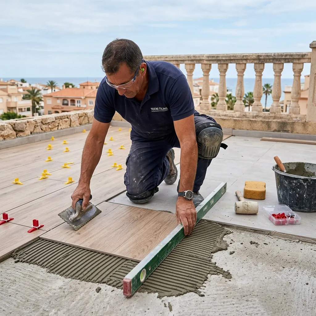 Alicatado y solado de terraza exterior con gres porcelánico en Valdenoja