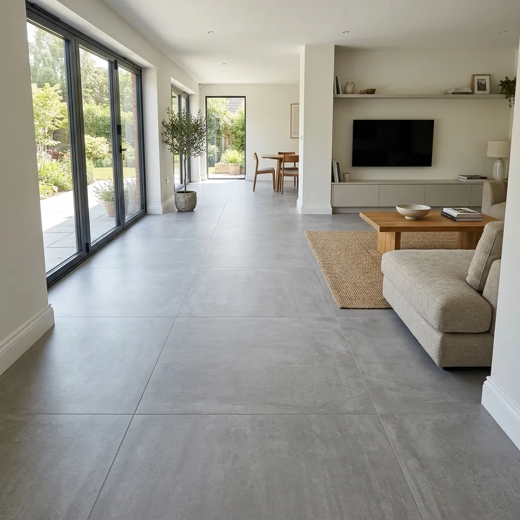 Alicatado y solado de salón con gres porcelánico de gran formato
