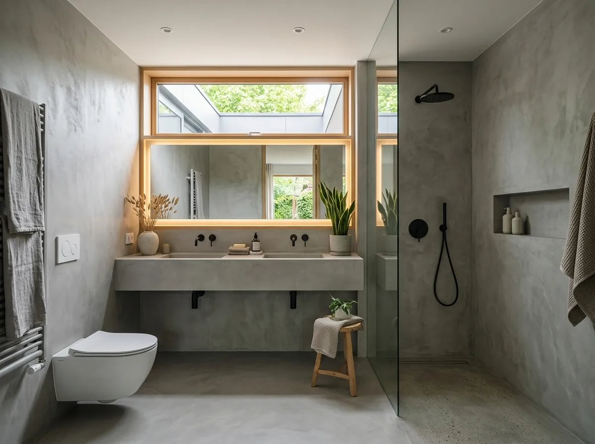 Baño con ducha de obra y microcemento reformado en El Sardinero, Santander
